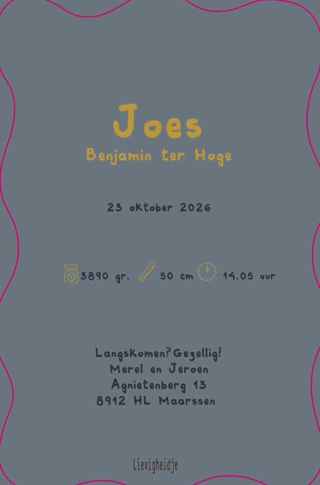 Geboortekaartje jongen met blokjes en speelse, grote, gekleurde letters - Joes
