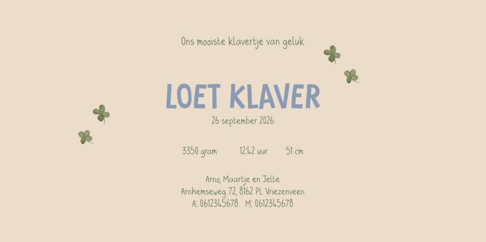 Geboortekaartje gekleurde letters en klavertjes 4 - Loet