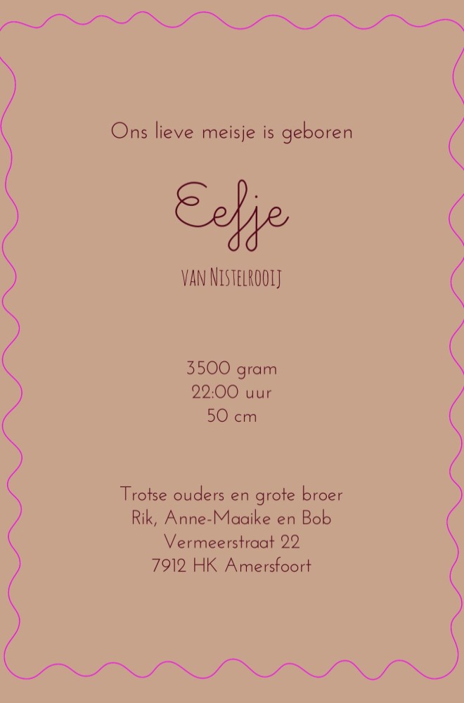 Geboortekaartje meisje Linnenlook beige met bloem in een kartelrandvorm - Eefje
