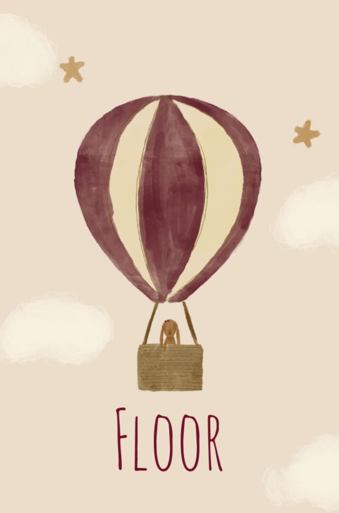 Geboortekaartje Luchtballon meisje met konijn in mandje burgundy