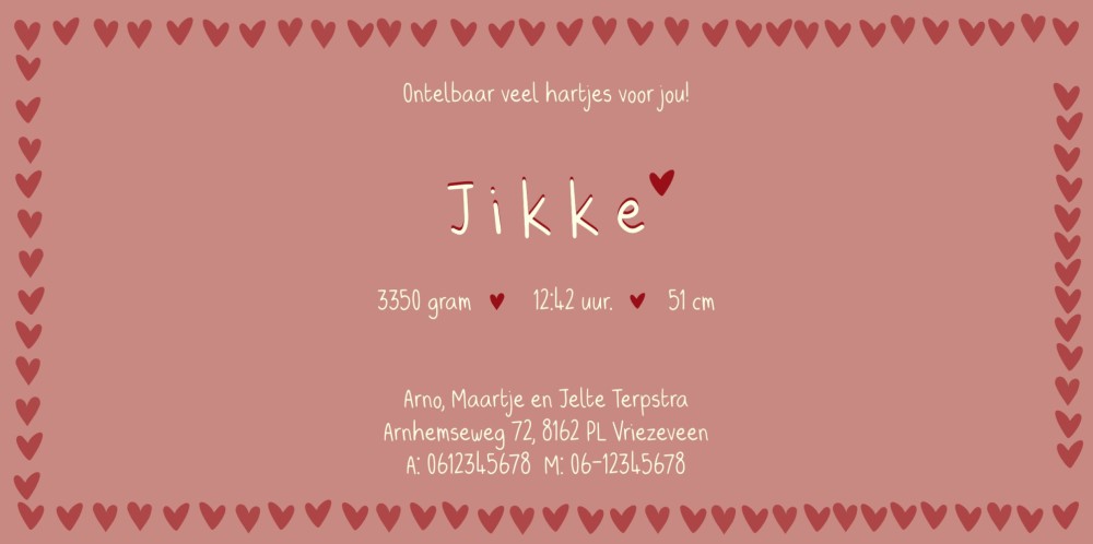 Geboortekaartje meisje met hartjes in een laklaagje - Jikke